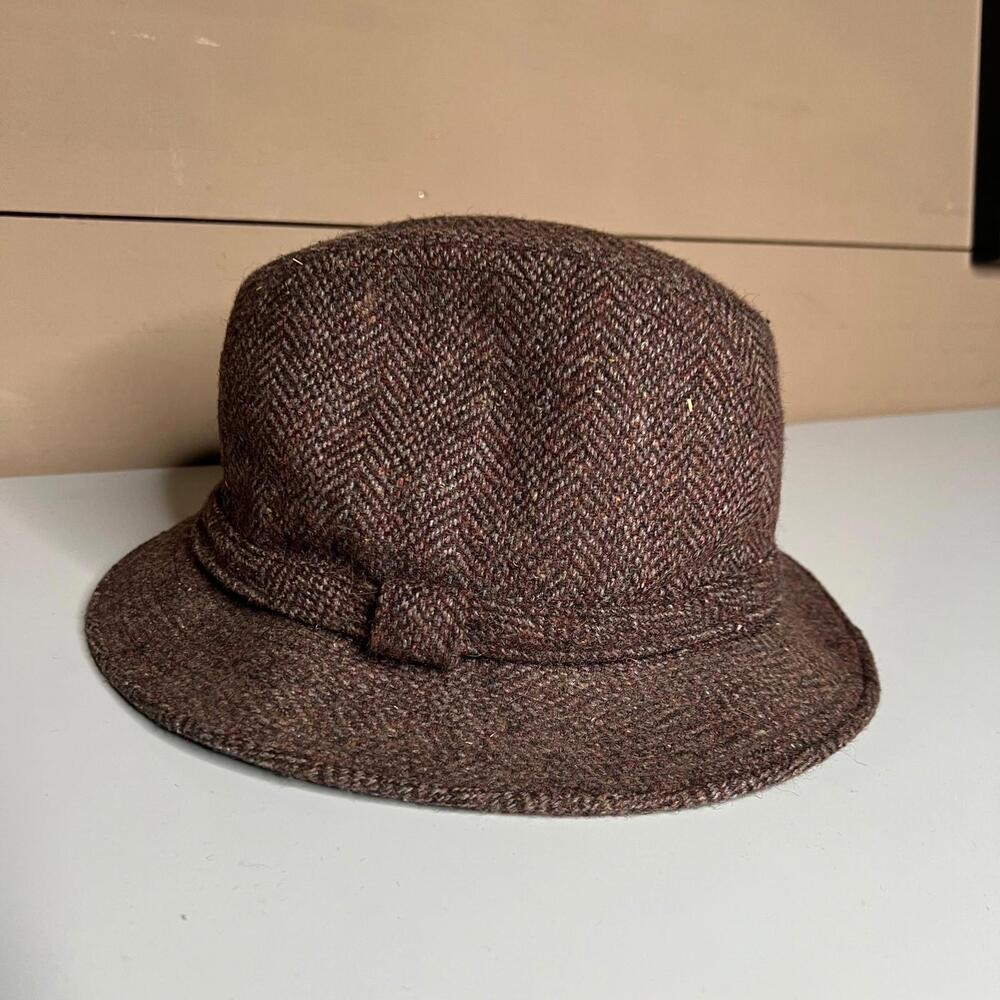 Vintage Hopkins Fifth Avenue Tweed Wool Blend Fedora Hat Brown Herringbone
